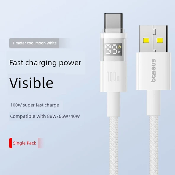 USB - Type-C 100W Hızlı Şarj Kablosu - Beyaz Ay - 1 Metre