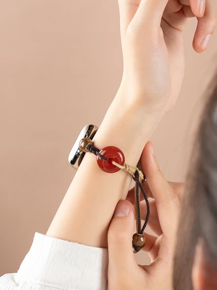 Apple Watch S3/2/1 42mm Uyumlu Akik ve Naylon Boncuklu Kordon - Ping An Tokalı - 2
