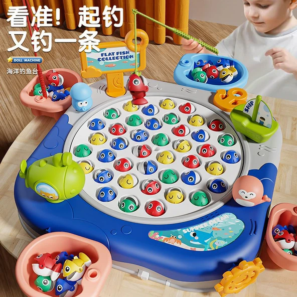 Mıknatıslı Balık Tutma Oyunu - Mavi Büyük Boy Ayaklı Tabla - 34 Balık, 8 Olta