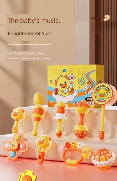 Bebek Çıngırak Oyuncak Seti - Sarı Ördek 8 Parça Çıngırak Hediye Kutusu - Resim 8