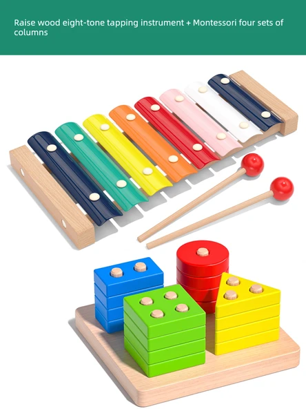 Bebek Sekiz Tonlu Ksilofon Oyuncak - Kayın Sekiz Tonlu Arp ve Montessori Dört Sütun Seti