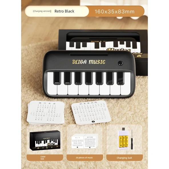 Çocuk Elektronik Klavye Mini Cep Piyano - Siyah (Hediye Kutulu, Müzik, Şarjlı Pil)