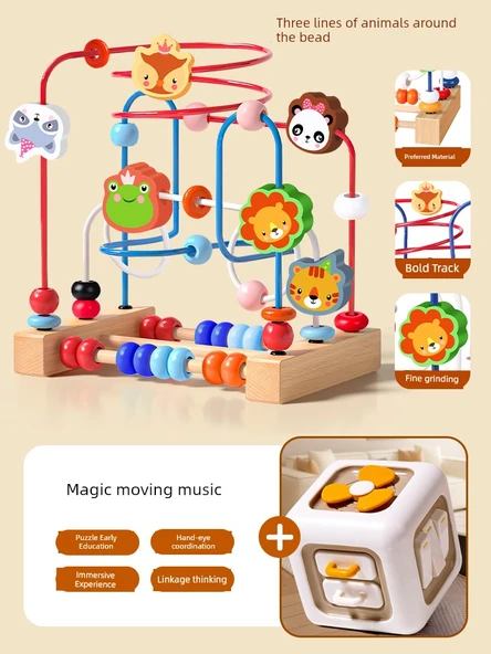 Montessori Ahşap Boncuk Labirenti Oyuncak Seti - 2'li Set [3 Sıralı Hayvan Boncuklu + Rubik Küp Müzikli]