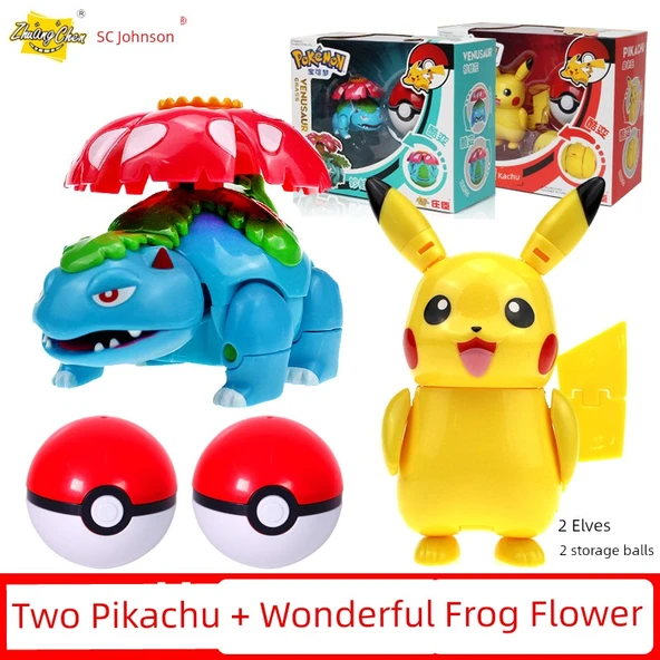Pokemon Dönüşen Top Oyuncak Seti - Kombinasyon [Pikachu + Harika Kurbağa Çiçek + 2 Elf Topu]
