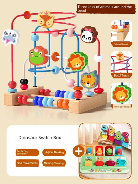 Montessori Ahşap Boncuk Labirenti Oyuncak Seti - 2'li Set [3 Sıralı Hayvan Boncuklu + Dinozor Anahtar Kutusu]