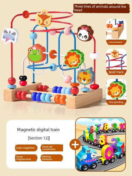Montessori Ahşap Boncuk Labirenti Oyuncak Seti - 2'li Set [3 Sıralı Hayvan Boncuklu + Manyetik Tren 12 Parça]