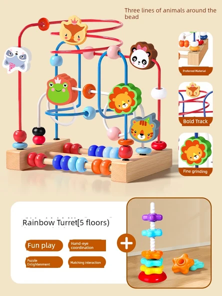 Montessori Ahşap Boncuk Labirenti Oyuncak Seti - 2'li Set [3 Sıralı Hayvan Boncuklu + 5 Katlı Gökkuşağı Kule]