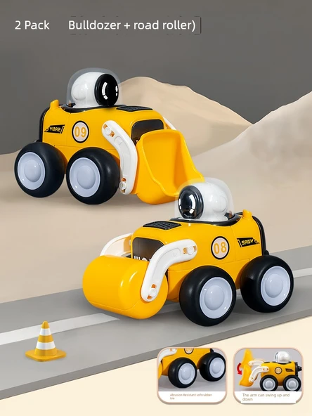 2'li Basmalı Islık Sesli Oyuncak İş Makinesi - Dozer + Silindir