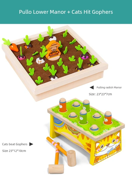 Montessori Ahşap Havuç Çekme Oyunu - Havuç Tarlası + Kedi Köstebek Avı