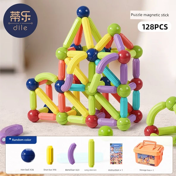 Manyetik Yapı Blokları Puzzle Seti - 128 Parça - Güçlü Mıknatıslı + Saklama Kutulu - 1