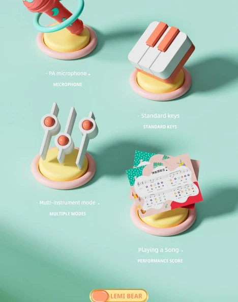 Çocuk Elektronik Klavye Piyano - Büyük Boy Yüksek Ayaklı Çilek Kırmızısı Pilli - Resim 8