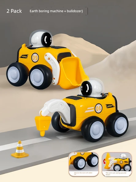2'li Basmalı Islık Sesli Oyuncak İş Makinesi - Yer Delme + Dozer