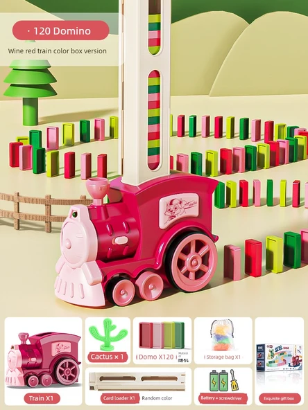 Otomatik Domino Tren Seti - Şarap Kırmızısı - 120 Domino, 1 Kart Yükleyici, Bataryalı