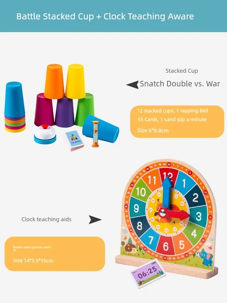 Montessori Kule Bardak Oyunu - Çiftli Set ve Ahşap Saat