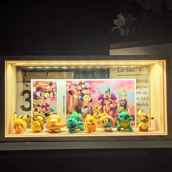 Pokemon Pikachu 8 Elf LED Lamba Ahşap Çerçeveli Hediye Seti - USB Girişli