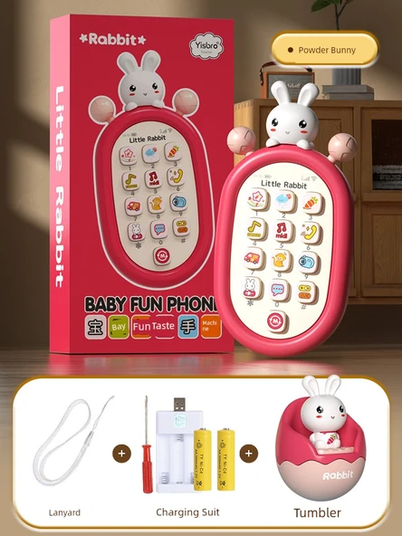 Çocuk Oyuncak Telefon - Beyaz Tavşan (Şarjlı) Kayıp Önleyici İp ve Tavşan Bardak