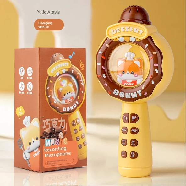 Çocuk Kablosuz Bluetooth Karaoke Mikrofon - Donut Sarı Bluetooth Erken Eğitim Kayıt USB Şarjlı