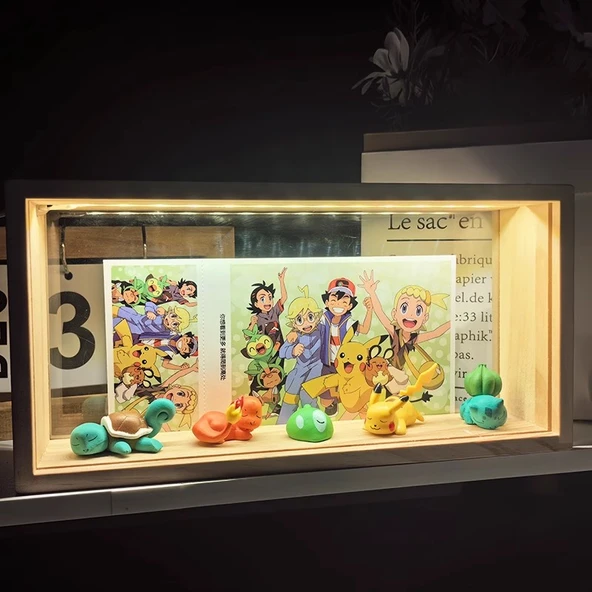 Pokemon Pikachu 5 Elf LED Lamba Ahşap Çerçeveli Hediye Seti - USB Girişli