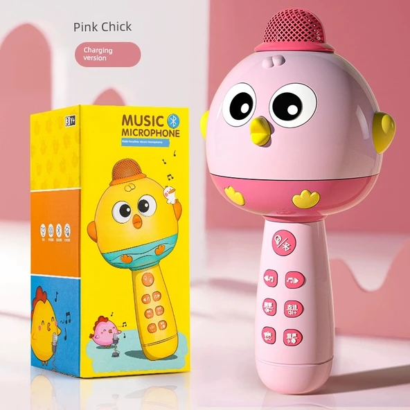 Çocuk Kablosuz Bluetooth Karaoke Mikrofon - Sevimli Pembe Şarjlı Hediye Kutulu Bluetooth Erken Eğitim Ses Değiştirici