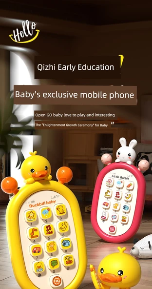 Çocuk Oyuncak Telefon - Beyaz Tavşan (Şarjlı) Kayıp Önleyici İp ve Tavşan Bardak - 8