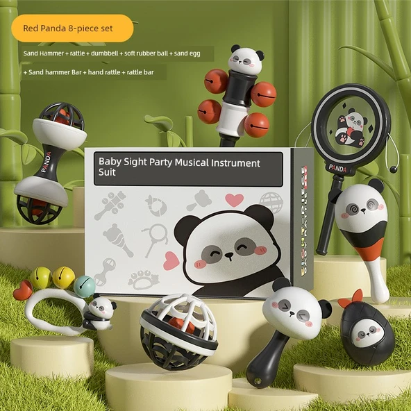 Bebek Müzik Aleti Kum Çekiç Çıngırak Seti - Kırmızı Panda 8 Parça Çıngırak Hediye Kutusu