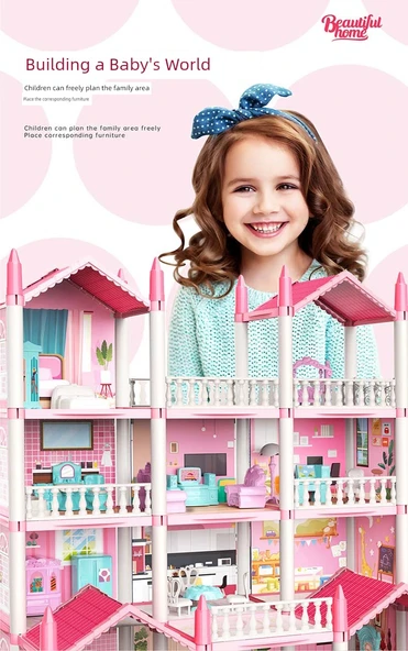 3D Kız Çocuk Oyun Evi - Pembe - 5 Oda 2 Teraslı - 2. Kat, 1 Işıklı ve 2 Bebekli - 11