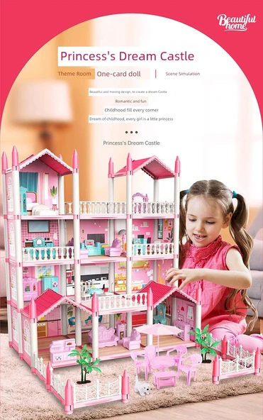 3D Kız Çocuk Oyun Evi - Pembe - 5 Oda 2 Teraslı - 2. Kat, 1 Işıklı ve 2 Bebekli - 8
