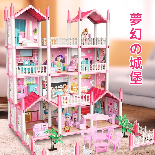 3D Kız Çocuk Oyun Evi - Pembe - 5 Oda 2 Teraslı - 2. Kat, 1 Işıklı ve 2 Bebekli - 3