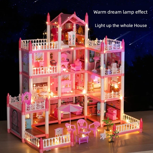3D Kız Çocuk Oyun Evi - Pembe - 5 Oda 2 Teraslı - 2. Kat, 1 Işıklı ve 2 Bebekli - 2