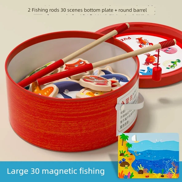 Manyetik Ahşap Balık Tutma Oyunu - 30 Balık, 2 Olta, 30 Parça Puzzle, Kova