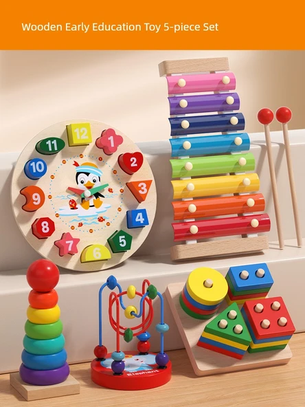 Çocuklar İçin Ahşap Eğitici Oyuncak Puzzle Seti - 5 Parça