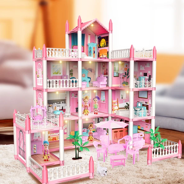 3D Kız Çocuk Oyun Evi - Pembe - 5 Oda 2 Teraslı - 2. Kat, 1 Işıklı ve 2 Bebekli - 4