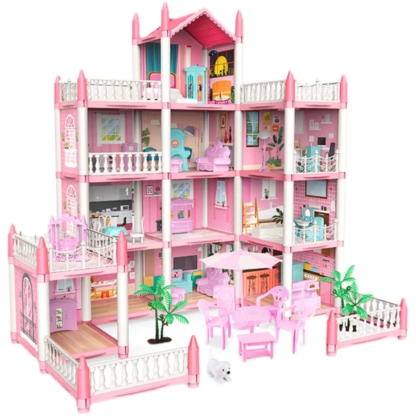 3D Kız Çocuk Oyun Evi - Pembe - 5 Oda 2 Teraslı - 2. Kat, 1 Işıklı ve 2 Bebekli - 6