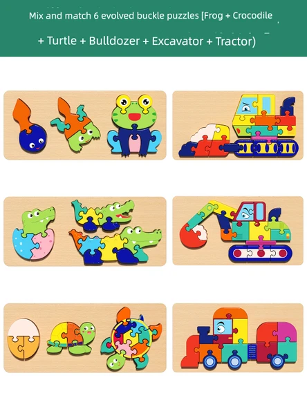 Ahşap 3D Puzzle - Kurbağa, Kaplumbağa, Timsah, Ekskavatör, Dozer, Traktör Karışık Toka
