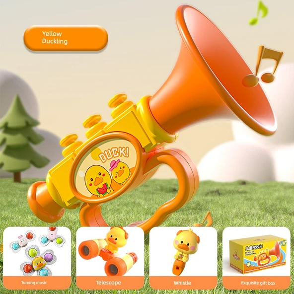 Çocuk Müzik Aleti Oyuncak Korna Düdük + Teleskop + Huanle Sarı Ördek