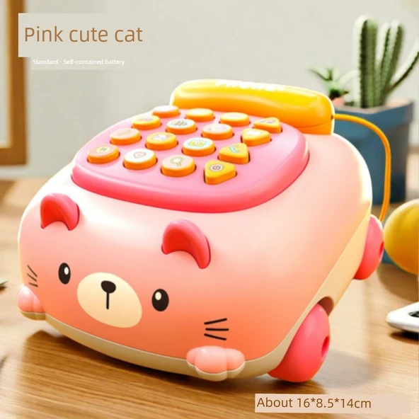 Çocuk Müzikli Telefon Araba - Pembe Sevimli Kedi - Çok Modlu - Standart Batarya