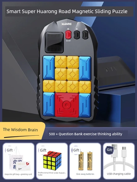 Huarong Yolu Manyetik Kaydırmalı Bulmaca - Pilli, Rubik Küplü ve Hediye Çantalı