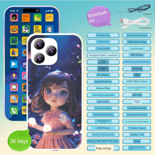 Çocuklar İçin Eğitici Telefon Oyuncak - 36 Tuşlu Küçük Kız Çocuk - 90000 Bilgi