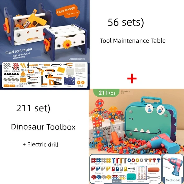 Montessori Bebek Alet Masası Seti - Alet Masası [56 Parça] ve Dinozor Alet Kutusu [211 Parça]