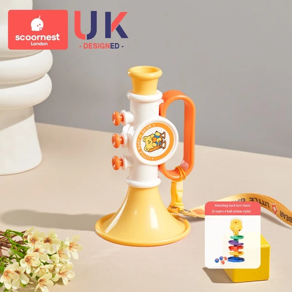 Küçük Korno Bebek Müzik Aleti Oyuncağı - Vera Sarı + Raylı Dönüş Müzik (5 Katmanlı, 4 Toplu, Sarı) + Düşme Önleyici Zincir