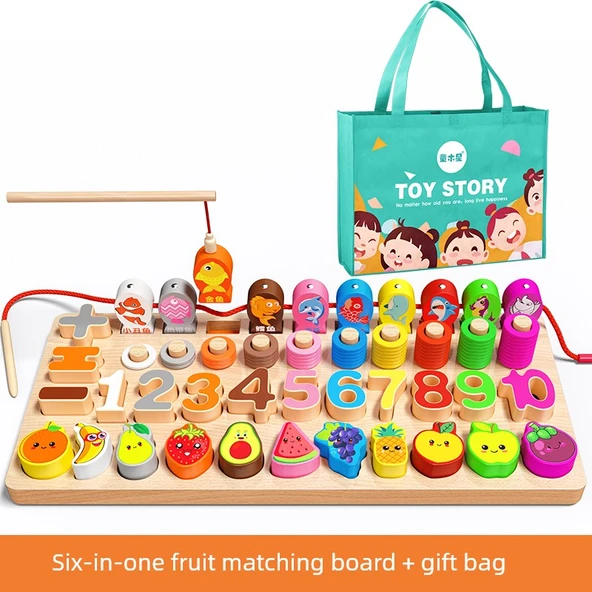 Montessori Ahşap Puzzle - Altı Bir Arada [Sayı + Meyve + Balık Tutma + Halka + Toplama Çıkarma + Boncuklu Balık] + Hediye Çantası