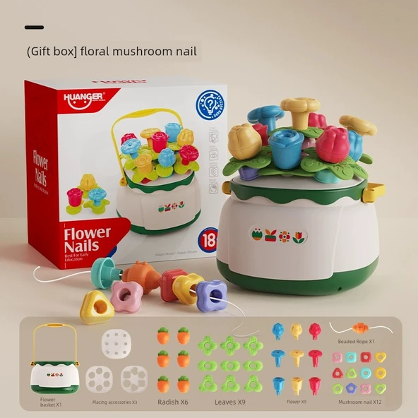 Montessori Mantar Çivi Yapboz - Çiçek Tarzı Mantar Çivi