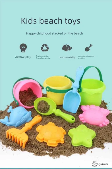 Çocuk Kum Oyuncakları Seti - Yeşil Kova Sekiz Parça Set - 8