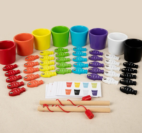 Montessori Ahşap Balık Tutma Oyunu - Mıknatıslı Balık Renk Ayırma Seti + Besleme Oyunu - 9