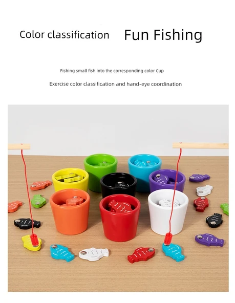 Montessori Ahşap Balık Tutma Oyunu - Mıknatıslı Balık Renk Ayırma Seti + Besleme Oyunu - 11