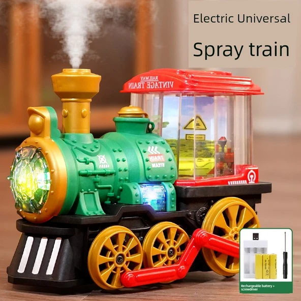 Elektrikli Buharlı Tren - Evrensel Tekerlek - Sprey Özellikli - Yeşil - Şarjlı Model