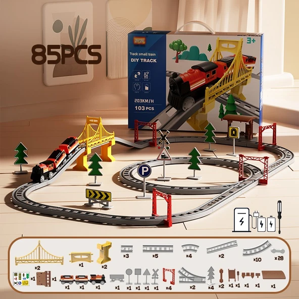 Çocuklar için Raylı Tren Oyuncak Seti - Şarjlı - 126cm Çift Ray - 85 Parça - Lüks Model