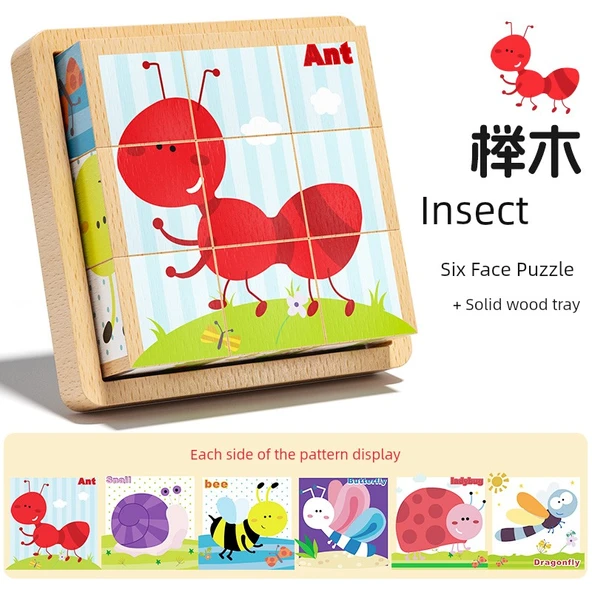 Ahşap 3D Puzzle - Altı Yüzlü Boyama - Böcek Desenli + Kayın Ağacı Tepsi