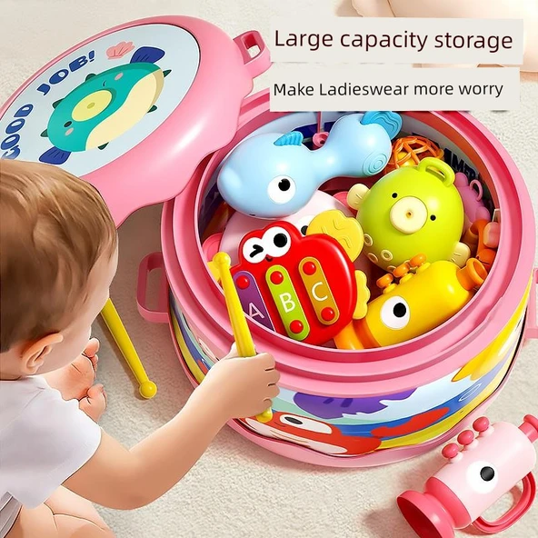 Bebek Müzik Aleti Seti - Yeşil 5 Parça: Çift Taraflı Davul, El Vuruşlu Davul, Vuruşlu Piyano, Kum Çekiç, Korna - 4
