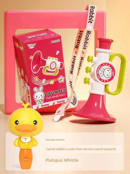 Çocuk Oyuncak Müzik Aleti Mini Armonika Düdük - Turp Tavşan, Düdük + Küçük Boynuz, Boyun İpli, Renkli Kutu